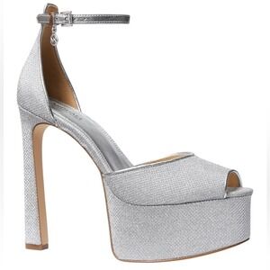 Michael Kors Silver Glitter Platform Stiletto Heel Ankle Strap Peep Toe Size 9.5